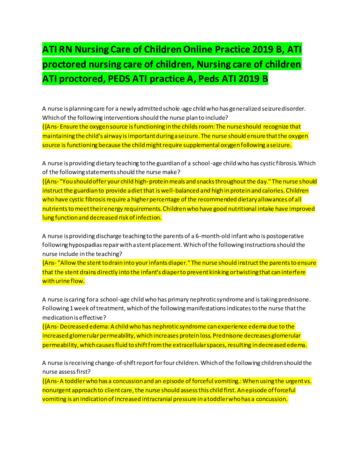 Preview of ATI RN Nursing Care of Children Online Practice 2019 B, ATI proctored nursing care of chil